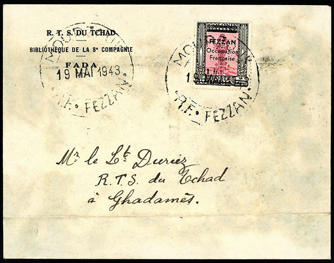 Lettre de Mourzouk pour Ghadames avec différents timbres à date 1943