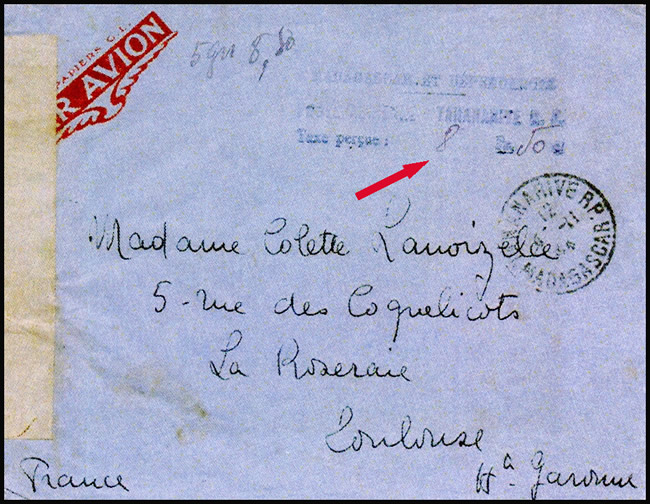 Lettre de madagascar novembre 1944 au tarif de 7F/5g