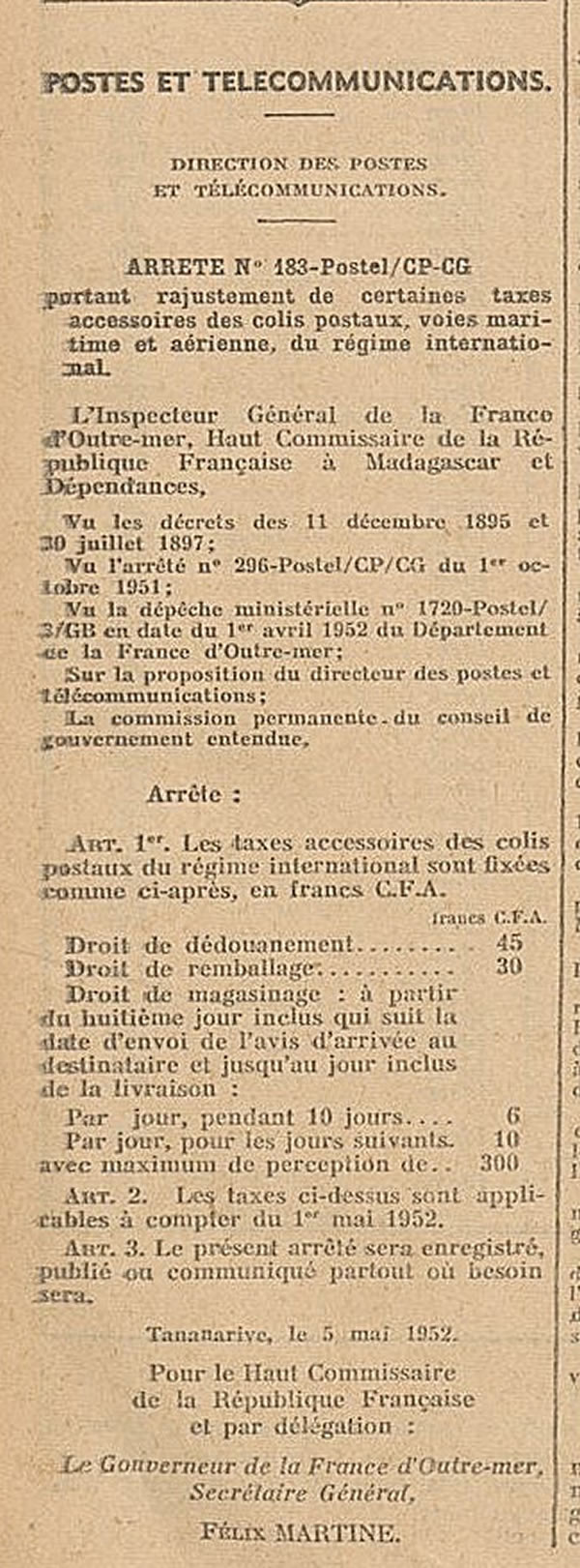 Tarifs-mada-gascar colis postaux internationaux 5/5/1952