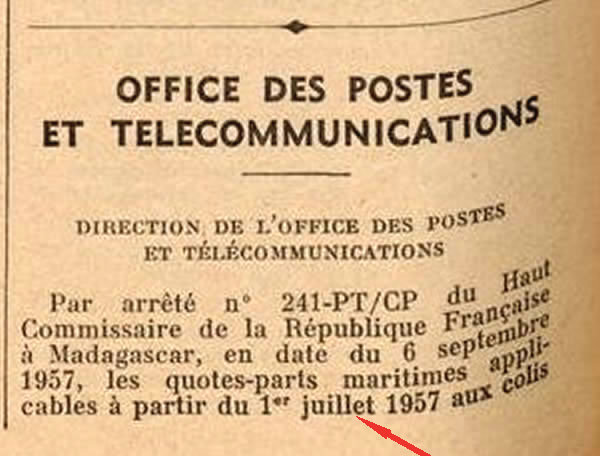 Tarif colis postaux internationaux via Suez septembre 1957