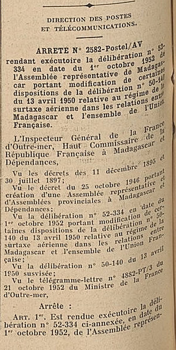 Surtaxes aériennes pour l'Union française 29/9/52