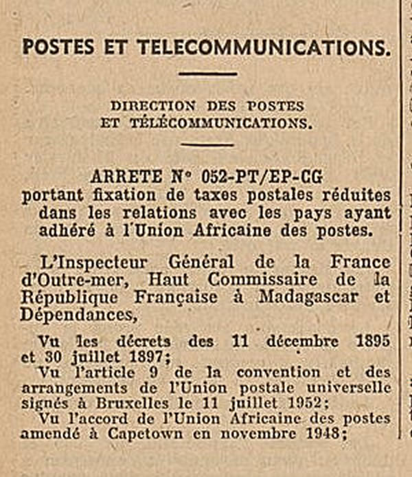 Tarif Madagascar pour les pays de l'UAP 1954
