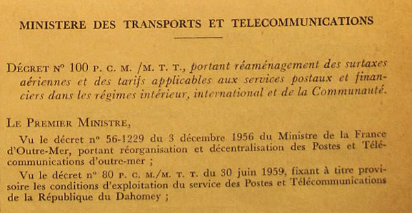 Tarif postal du Dahomey du 16 juillet 1959 page 1