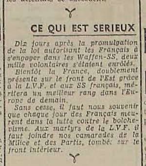 Article de la Milice  indiquant l'engouement pour rejoindre la Waffen-SS