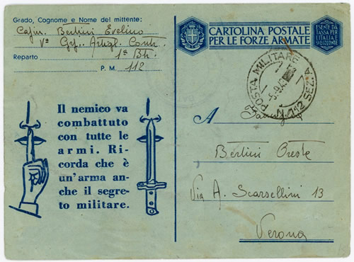 Carte militaire avec propagande oblitérée de la poste militaire de Corte 5-9-43