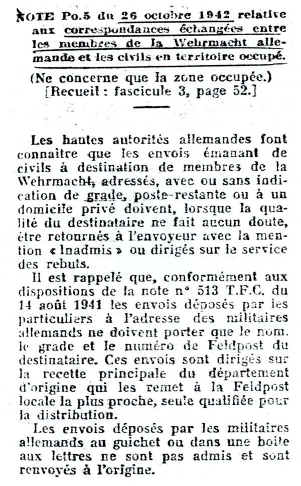 Note sur la correspondance entre les soldats de la Wehrmacht et les civils en zone occupée  octobre 1942