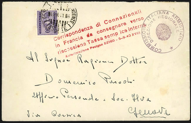 Lettre en taxe simple d'un Italien n'ayant pas de timbres-poste italiens