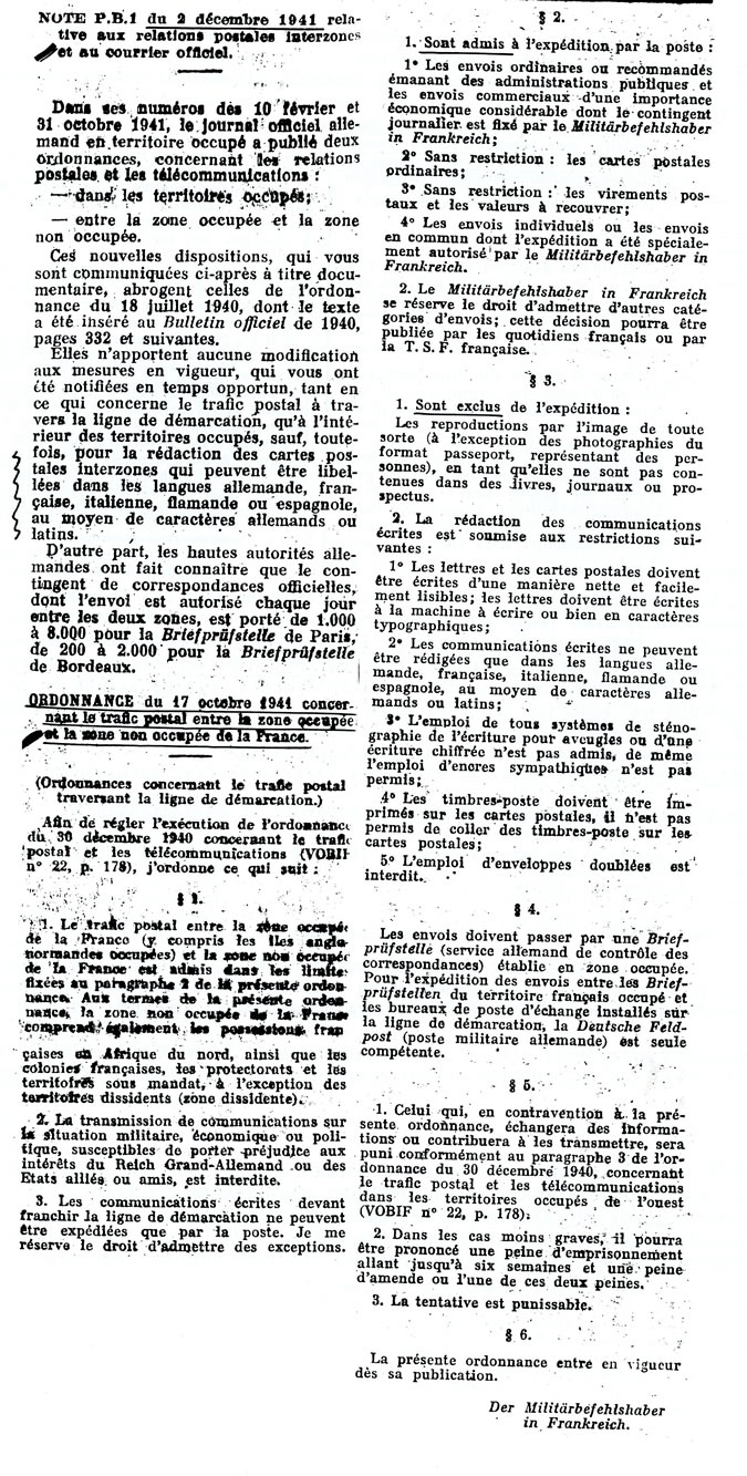 Ordonnance allemande d'octobre 1941 concernant le trafic postal en France