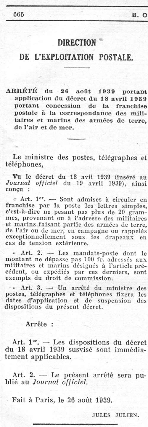 Arrêté d'application de la franchise militaire