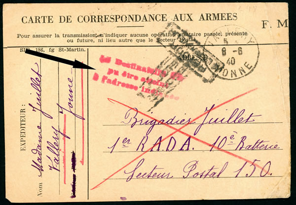 Carte postale n'ayant pu atteindre son destinataire juin 1940