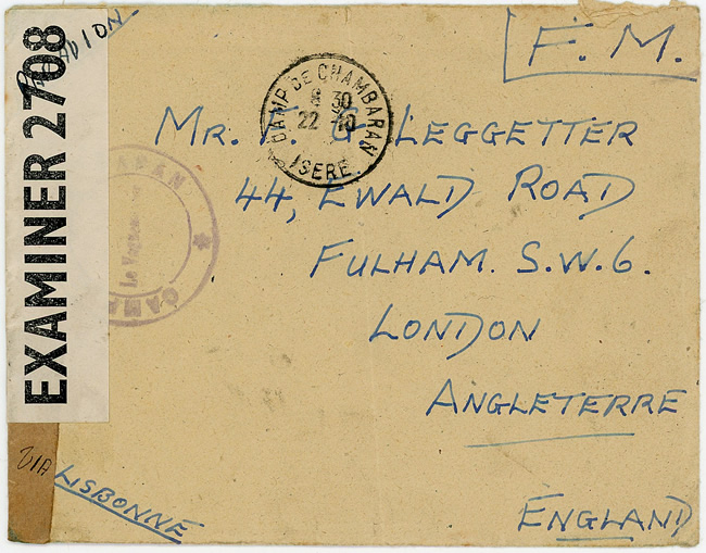 Lettre pour l'Angleterre en provenance du camp de Chambaran