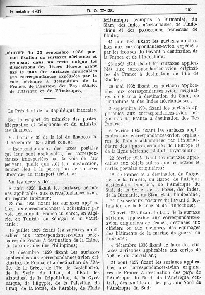 surtaxes aériennes récapitulatif 25/9/39 