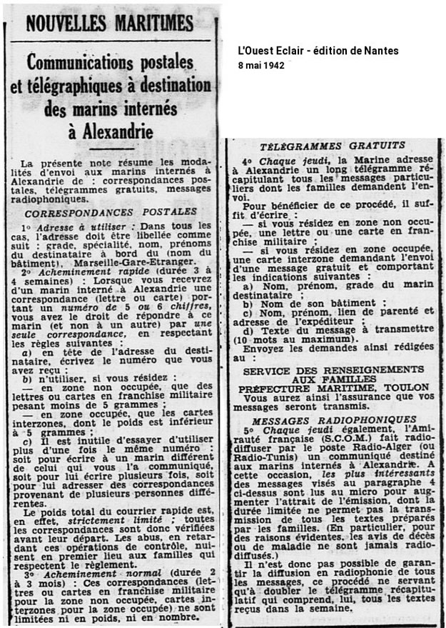 règles de correspondance avec les marins français internés à Alexandrie 1942
