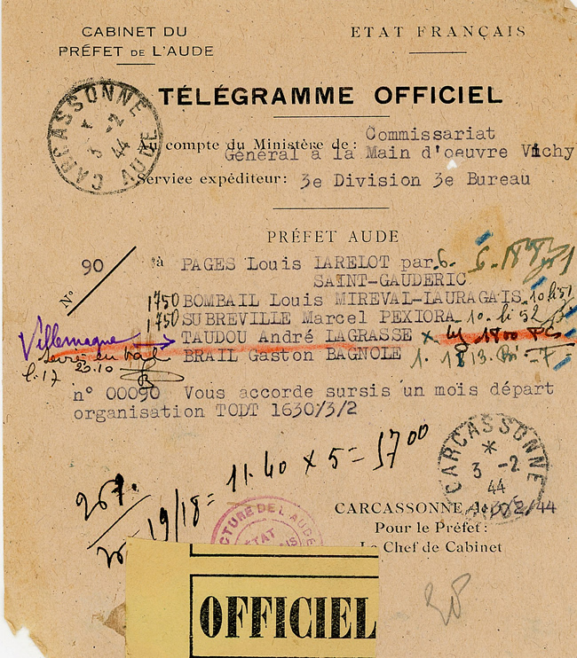 Telegramme officiel attribuant un sursis à des ouvriers requis pour le STO