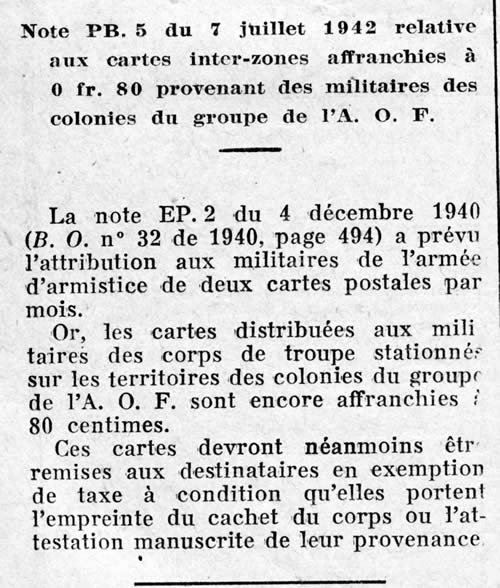 Cartes interzones périmées données aux militaires d'AOF