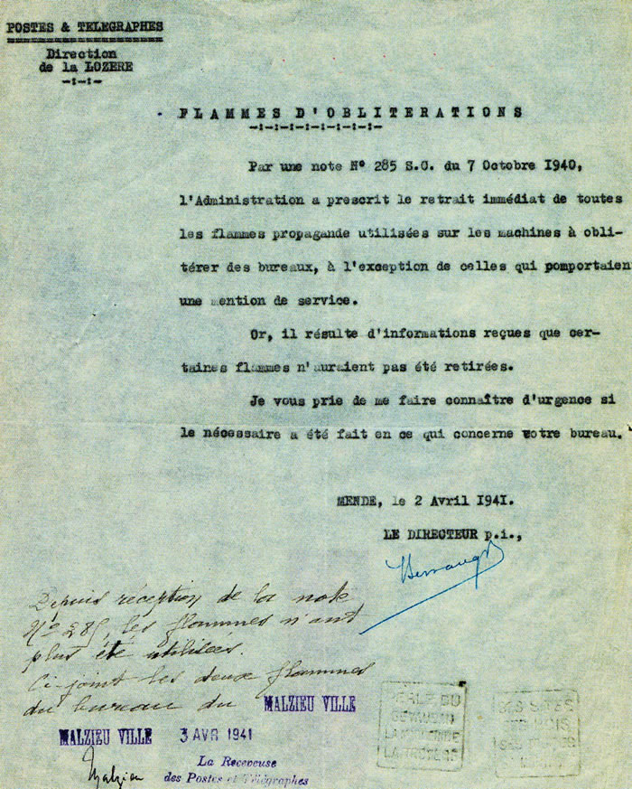 Circulaire  du 7 octobre 1940 demandant le retrait des flammes publicitaires