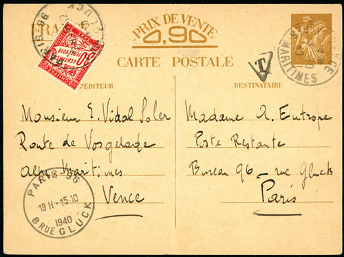 CP interzone taxée par timbre mobile de poste restante