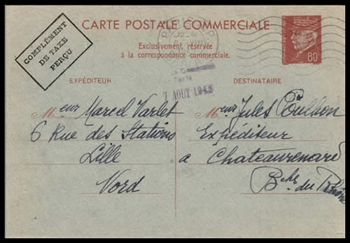 CP commerciale avec cachet complément de taxe perçu