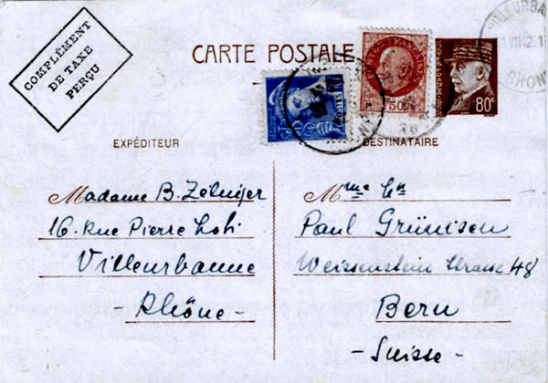 CP Pétain 80c avec complément de taxe pour la Suisse-non prise en compte