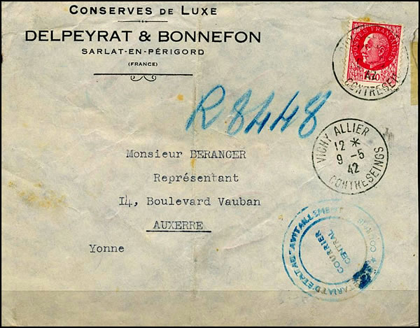 Lettre interzones Sarlat pour Auxerre via Vichy Aller Contreseings