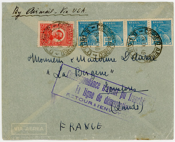 Lettre en provenance du Brésil pour les Landes en zone occupée et retournée à l'envoyeur septembre 1940