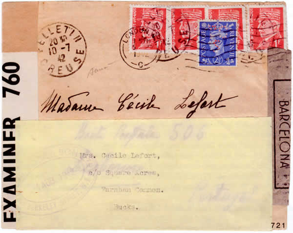 Faux timbres de l'Intelligence Service sur lettre