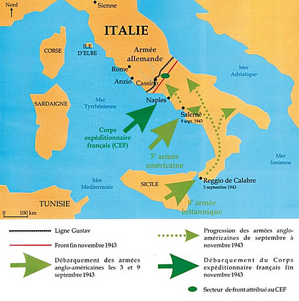 Carte indiquant le débarquement du CEF en Italie