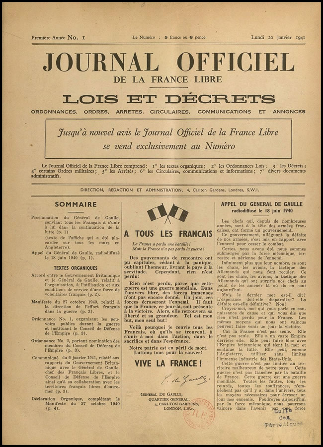 Premier numéro du Journal Officiel de la France Libre