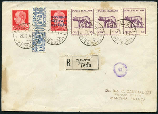 Lupa di Bari et timbre AMGOT sur lettre