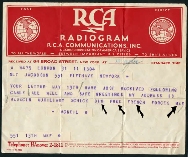 Télégramme d'un médecin FFL de la BIM 1941