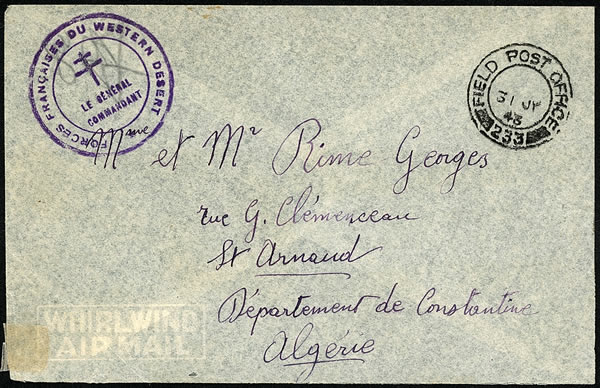 Lettre avec marque administrative des Forces Françaises du Western Desert juillet 1943