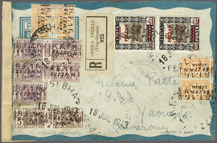 Timbres Colis postaux de libye surchargés Fezzan sur lettre recommandée