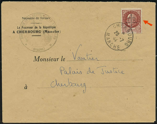 1F50 Pétain surchargé à Cherbourg sur lettre