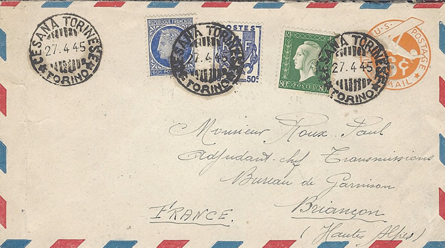 Lettre affranchie en timbres français oblitérée du côté italien des Alpes avril 1945