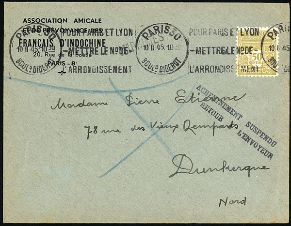 Imprimé destiné à Dunkerque mais retourné à l'envoyeur février 1945