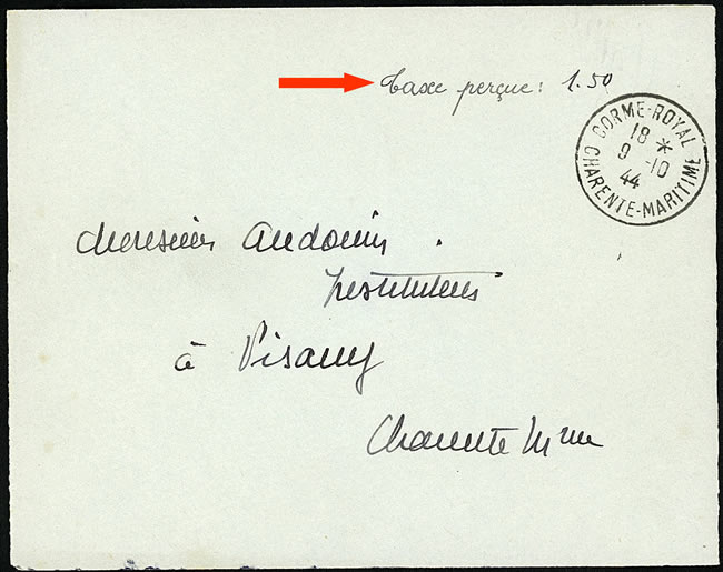 Lettre de la Charente maritime abev taxe de paiement en numéraire octobre 1944.