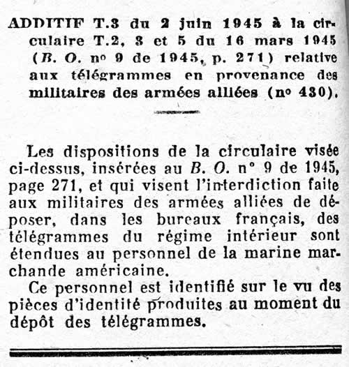 interdictions aux militaires alliés de déposer des télégrammes du régime intérieur