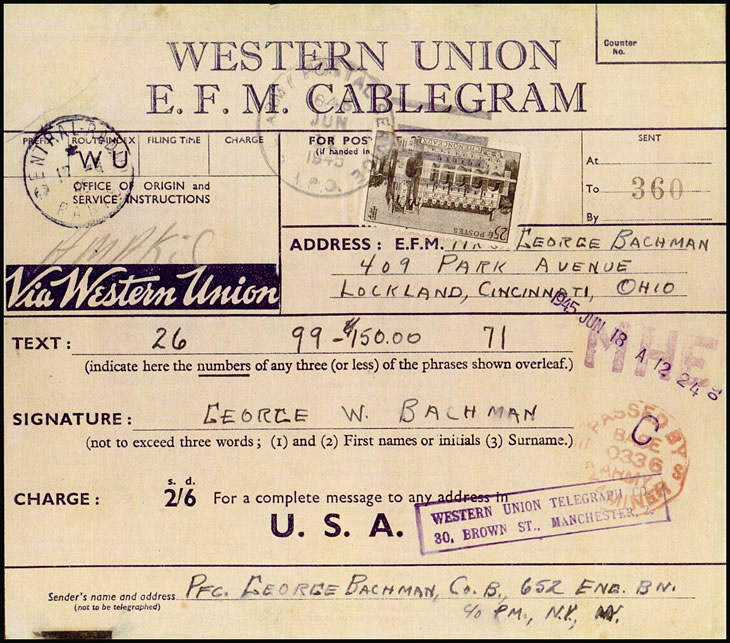 Télégramme britannique codé de la Western Union avec indication du montant à transférer