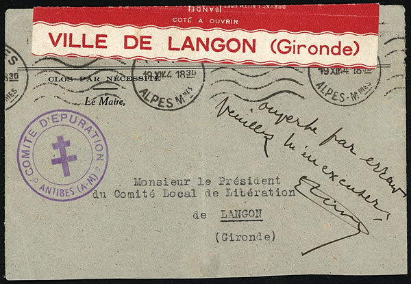 Lettre du Comité d'Epuration de Antibes pour Langon décembre 1944