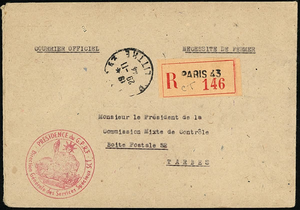 Lettre recommandée expédiée par les Services Spéciaux 1946