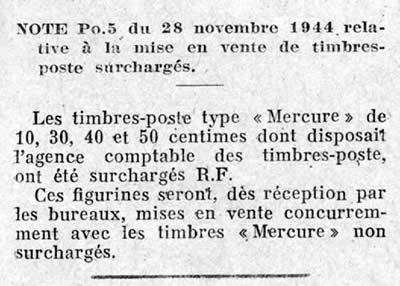 Annonce émission timbres Mercure surchargés RF