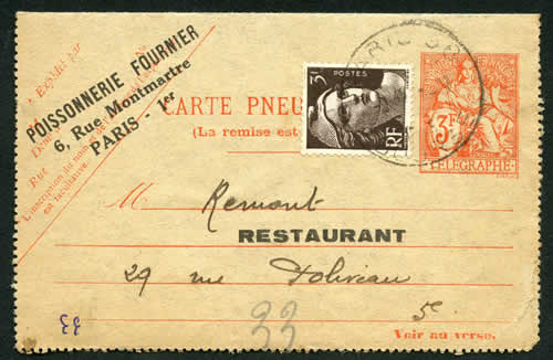 Pneumatique d'une poissonnerie à un restaurant