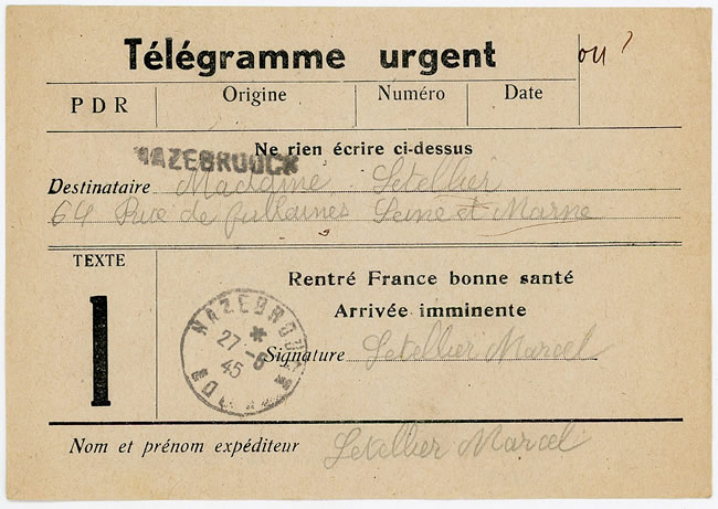 Télégramme urgent annonçant l'arrivée d'un prisonnier rapatrié