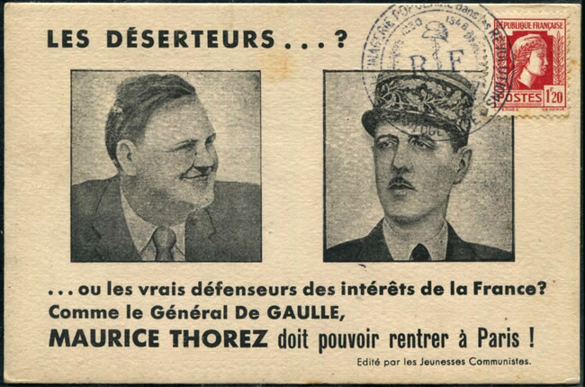 Carte de propagande communiste Thorez et de Gaulle