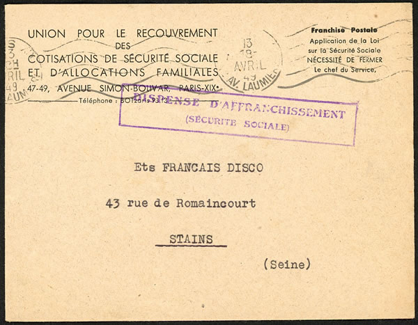 Lettre à entête imprimé de l'URSSAF 1949