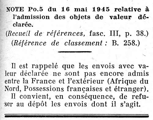 Valeurs déclarées non admises pour colonies ou étranger