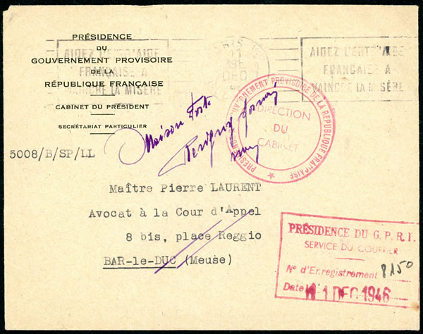 Lettre du gouvernement Bidault décembre 1946 