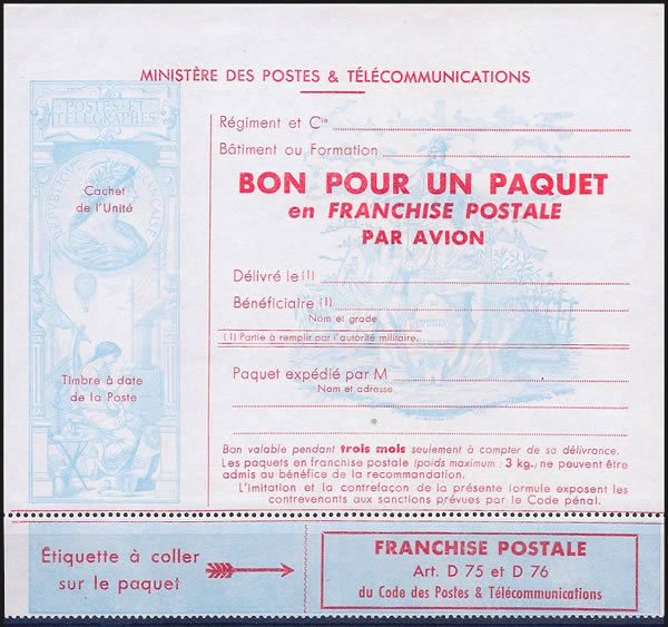 Bon pour un paquet en franchise postale par avion