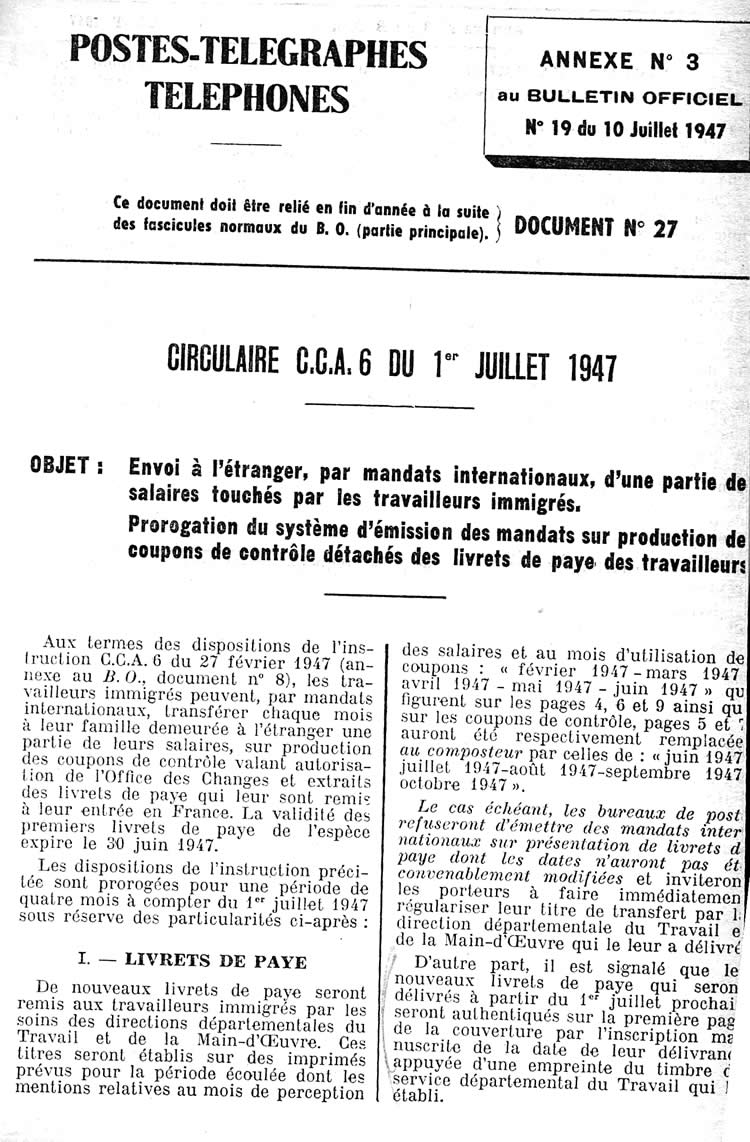 mandats internationaux juillet 1947