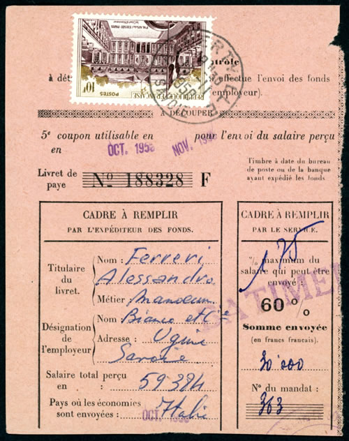 Coupon de contrôle du transfert de salaire d'un immigré italien 1958